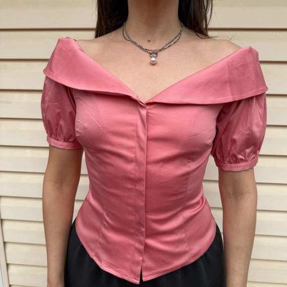 ANTONIO MELANI Coral Puff Sleeve Fitted Off Shoulder Blouse, hidden buttons, 2 - Picture 1 of 10